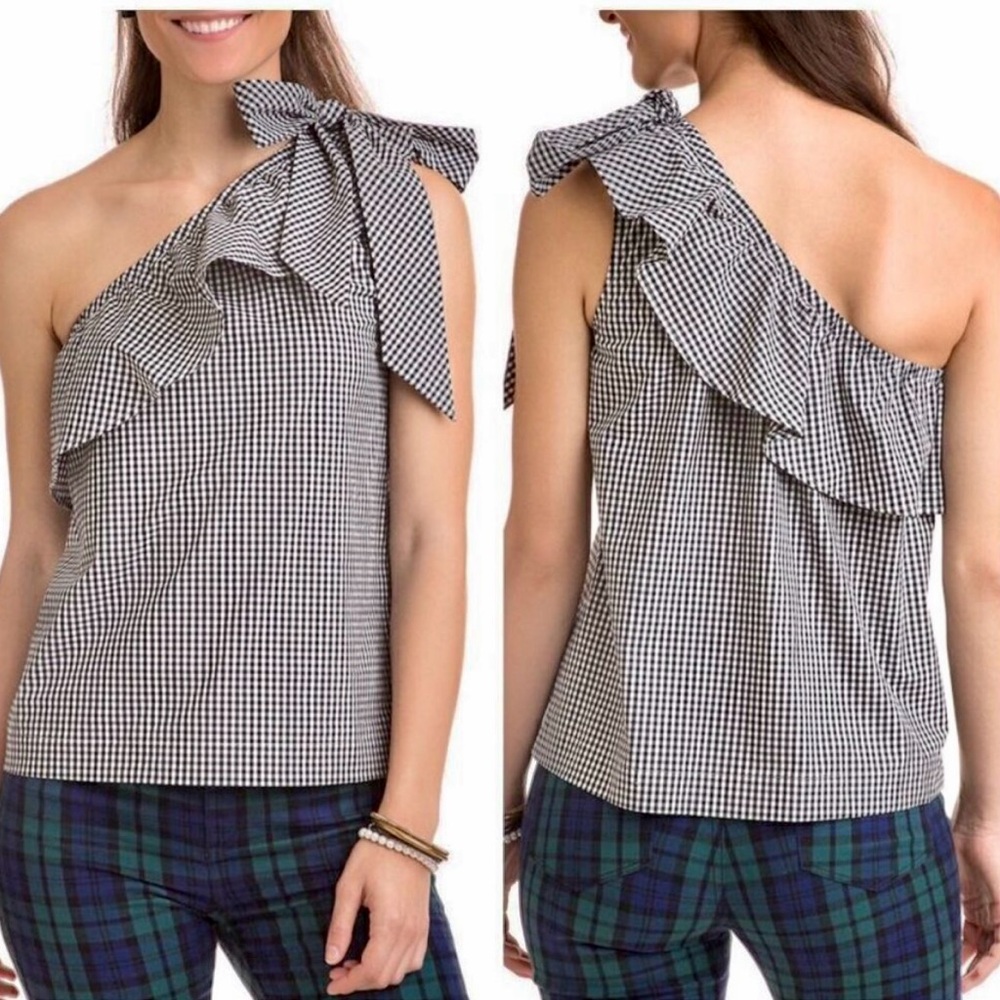 Vineyard Vines Black Gingham One Shoulder Blouse 4
